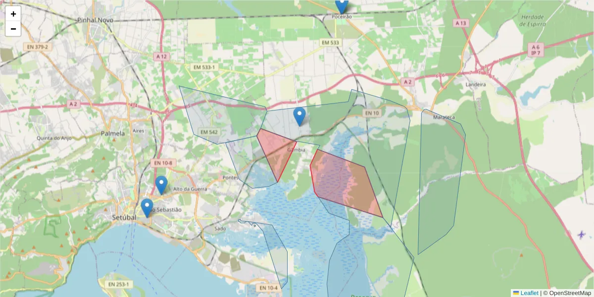 Mapa detalhado do código postal 2910-206 com limites, códigos postais vizinhos e agências dos correios