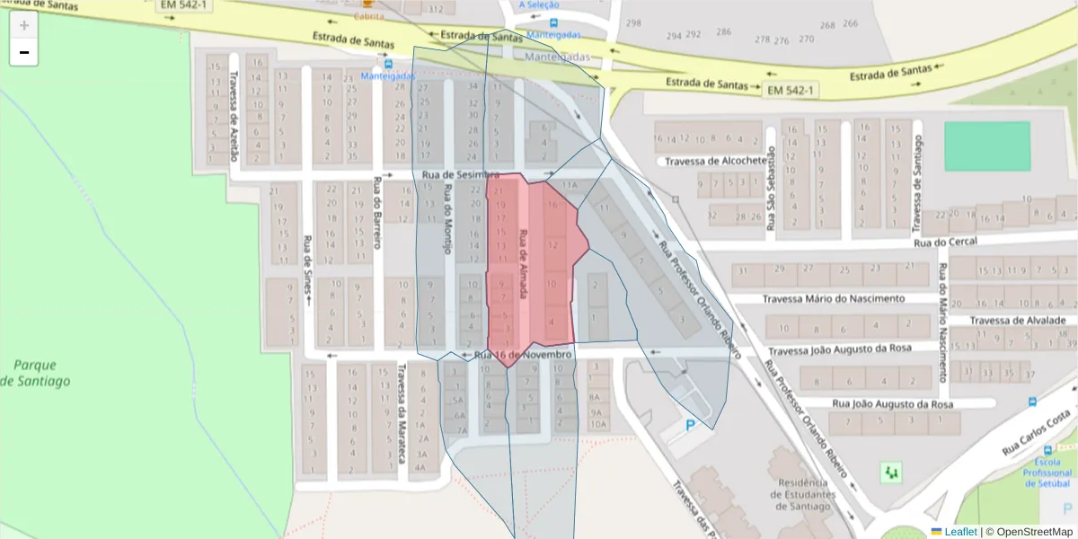 Mapa detalhado do código postal 2910-227 com limites, códigos postais vizinhos e agências dos correios