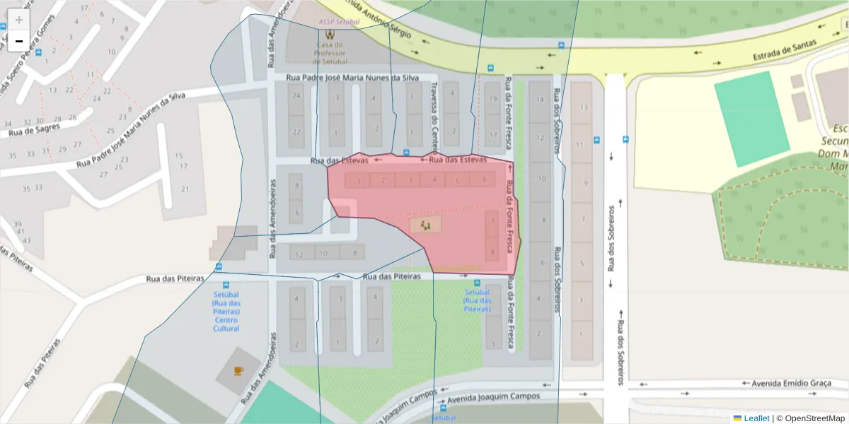 Mapa detalhado do código postal 2910-229 com limites, códigos postais vizinhos e agências dos correios