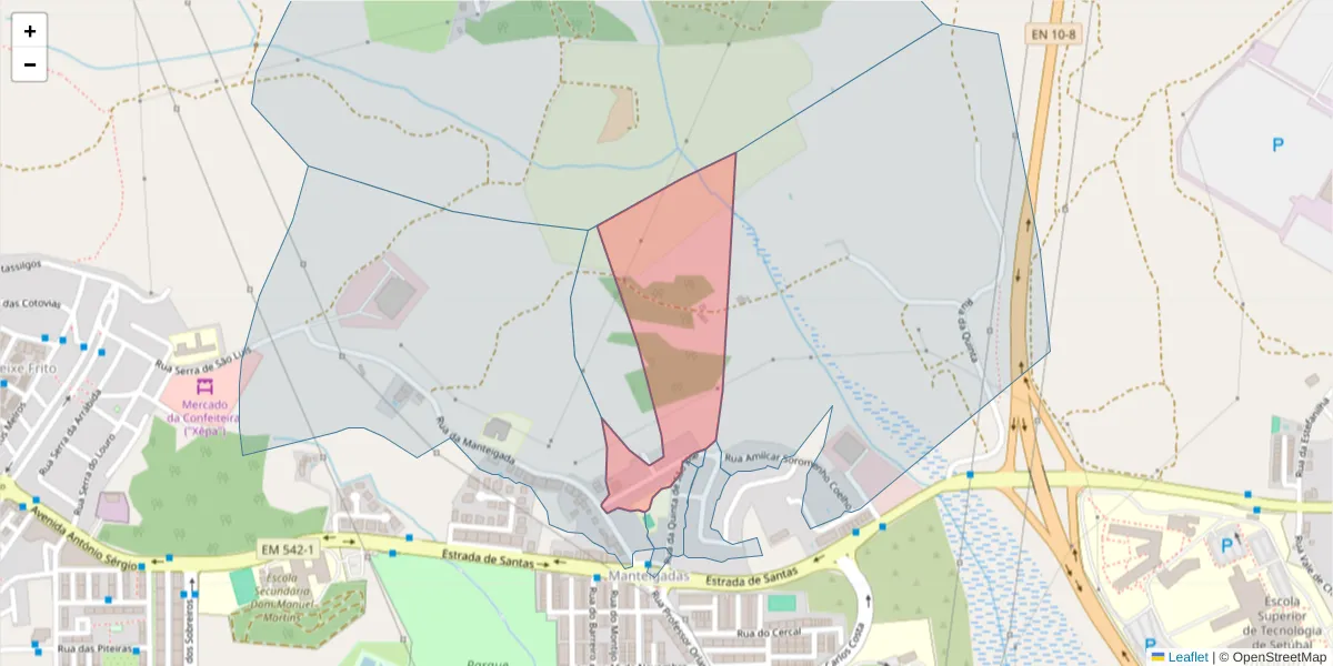 Mapa detalhado do código postal 2910-234 com limites, códigos postais vizinhos e agências dos correios