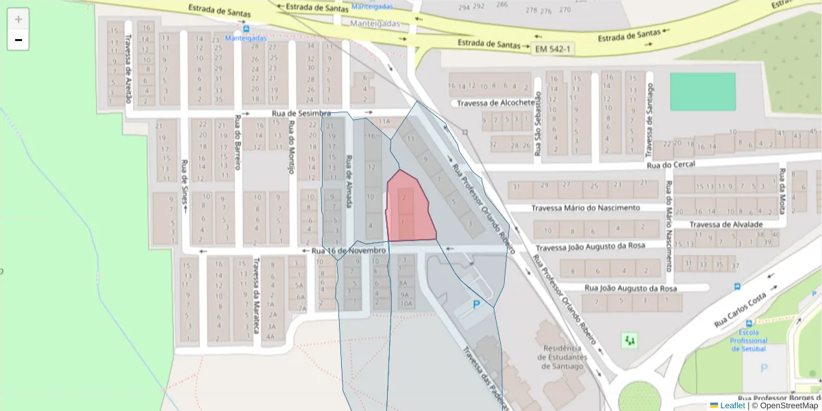 Mapa detalhado do código postal 2910-236 com limites, códigos postais vizinhos e agências dos correios