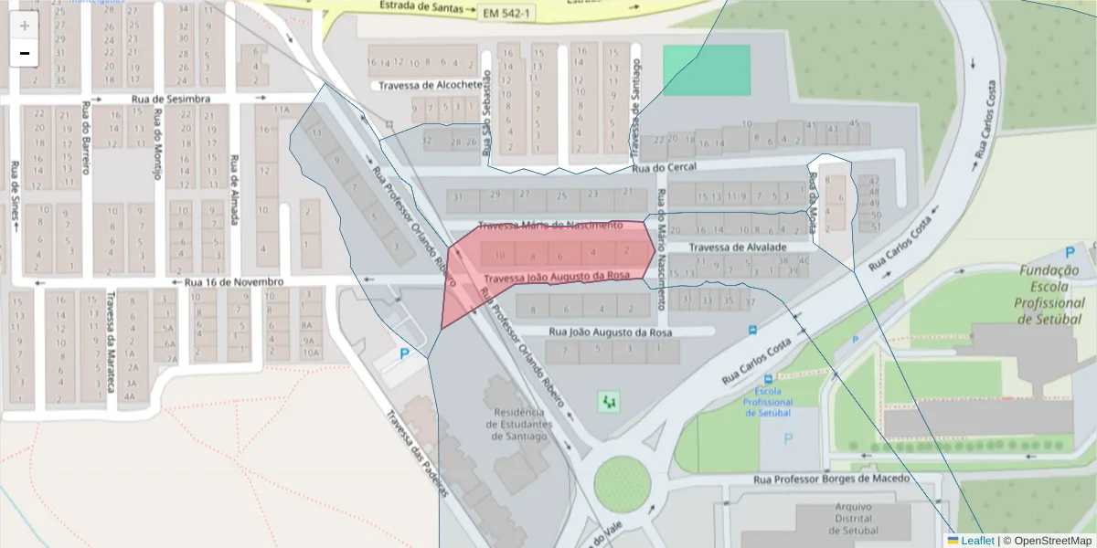 Mapa detalhado do código postal 2910-240 com limites, códigos postais vizinhos e agências dos correios