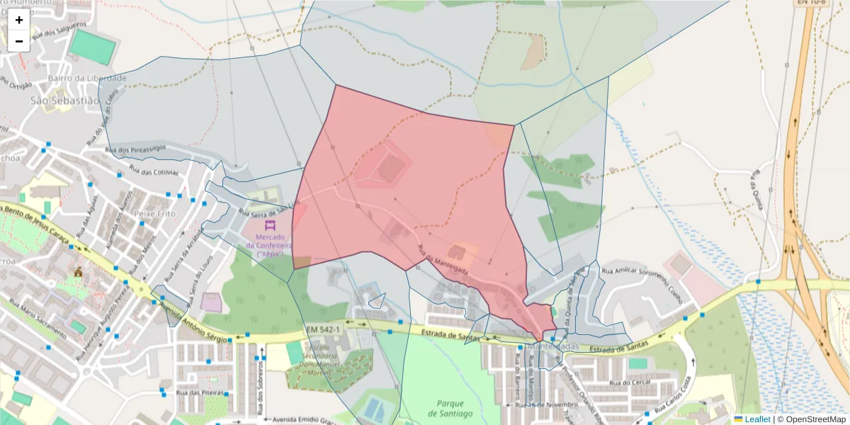 Mapa detalhado do código postal 2910-241 com limites, códigos postais vizinhos e agências dos correios