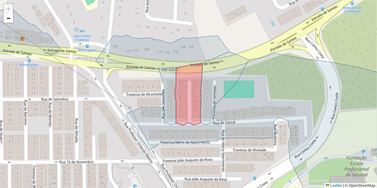 Mapa detalhado do código postal 2910-242 com limites, códigos postais vizinhos e agências dos correios