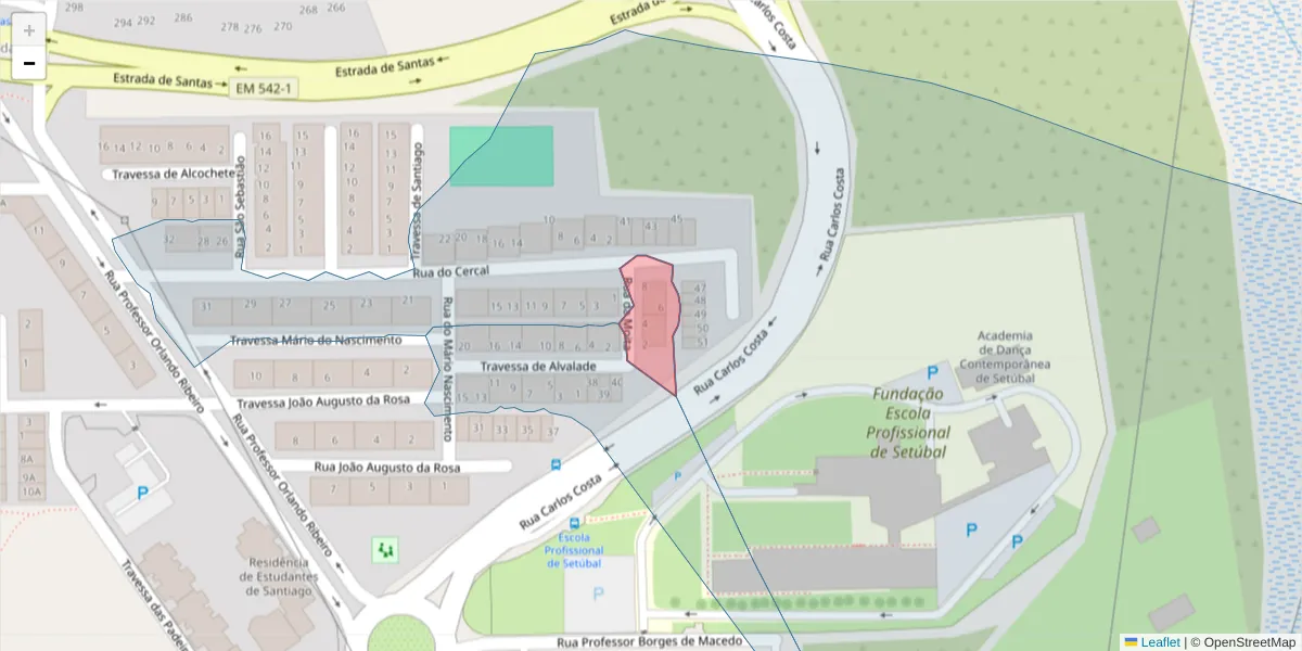 Mapa detalhado do código postal 2910-246 com limites, códigos postais vizinhos e agências dos correios