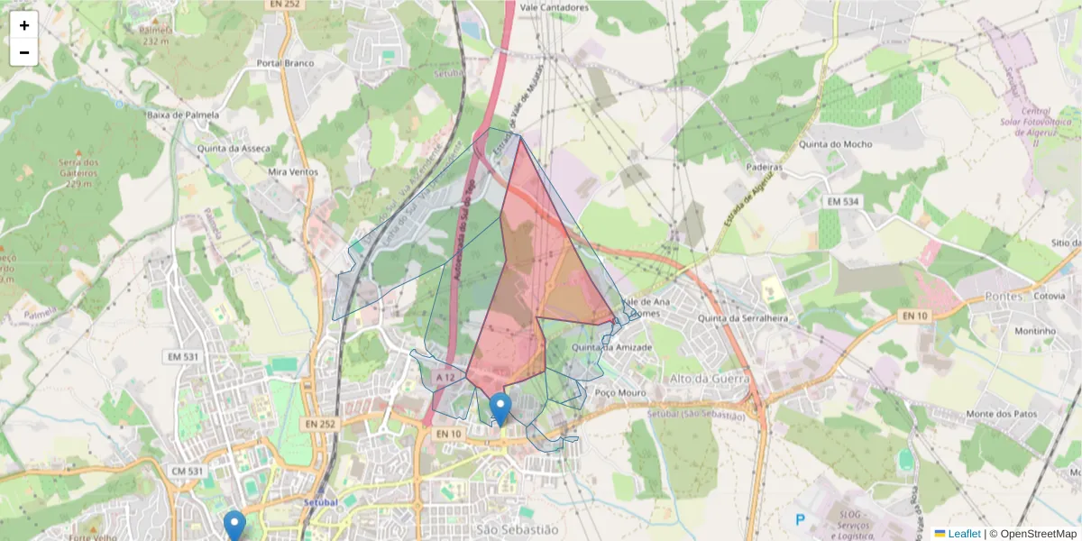 Mapa detalhado do código postal 2910-279 com limites, códigos postais vizinhos e agências dos correios