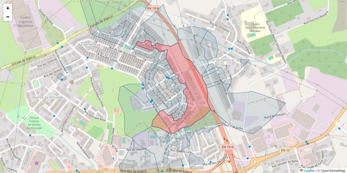 Mapa detalhado do código postal 2910-283 com limites, códigos postais vizinhos e agências dos correios