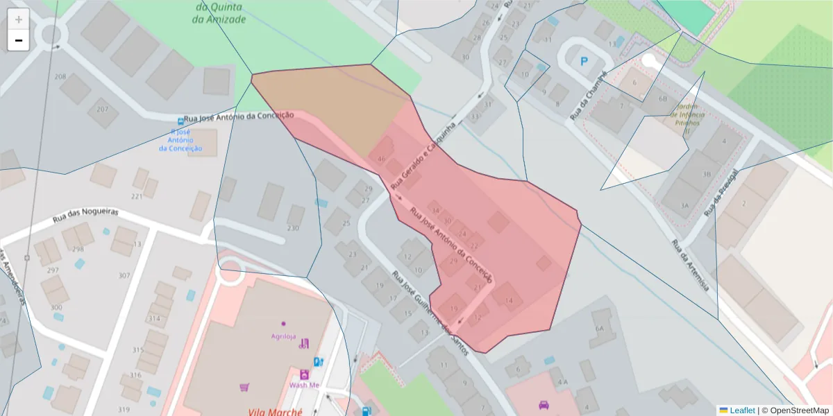 Mapa detalhado do código postal 2910-295 com limites, códigos postais vizinhos e agências dos correios