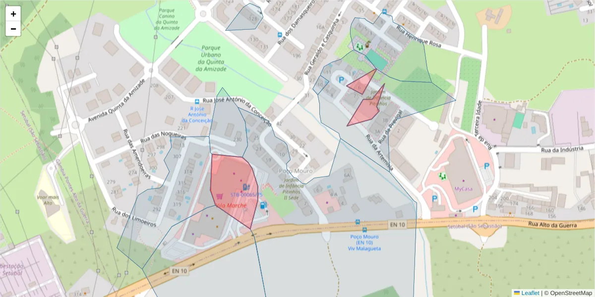 Mapa detalhado do código postal 2910-298 com limites, códigos postais vizinhos e agências dos correios
