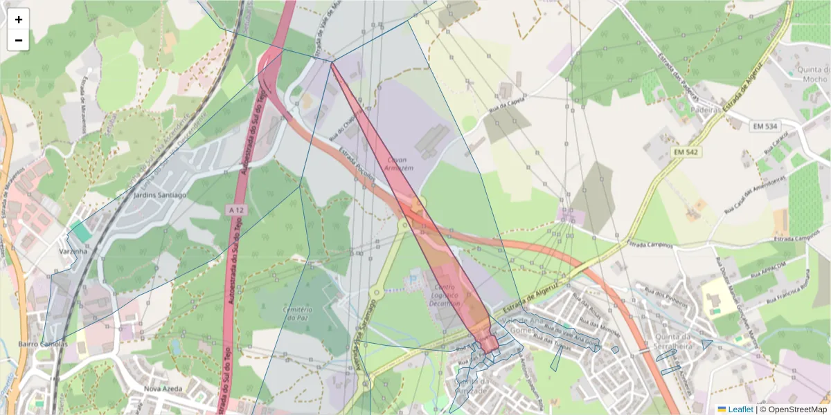 Mapa detalhado do código postal 2910-305 com limites, códigos postais vizinhos e agências dos correios
