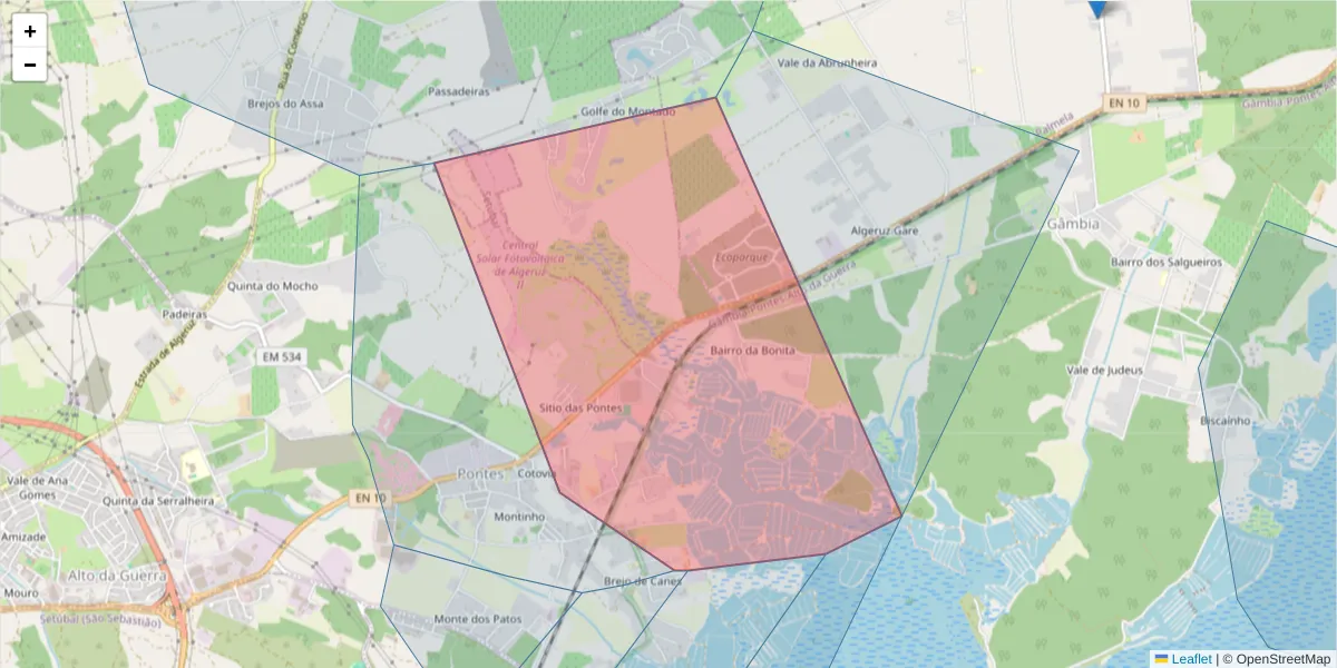 Mapa detalhado do código postal 2910-315 com limites, códigos postais vizinhos e agências dos correios