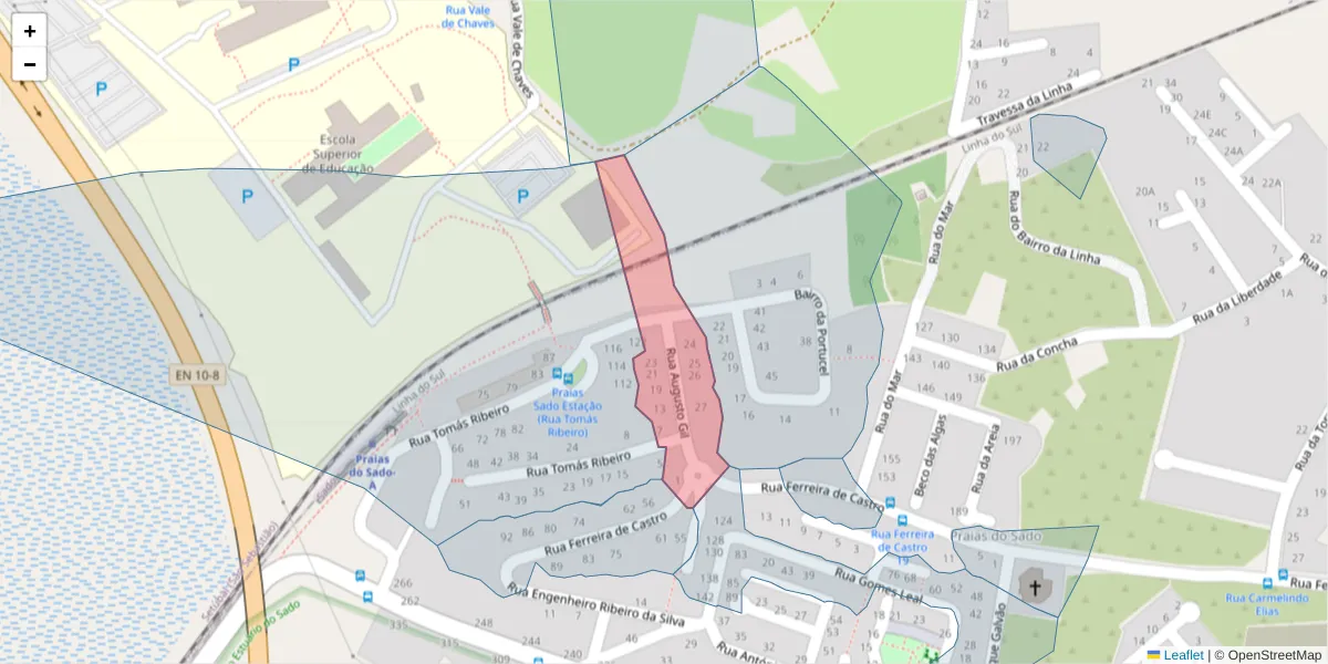 Mapa detalhado do código postal 2910-322 com limites, códigos postais vizinhos e agências dos correios