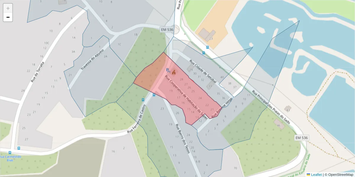 Mapa detalhado do código postal 2910-327 com limites, códigos postais vizinhos e agências dos correios