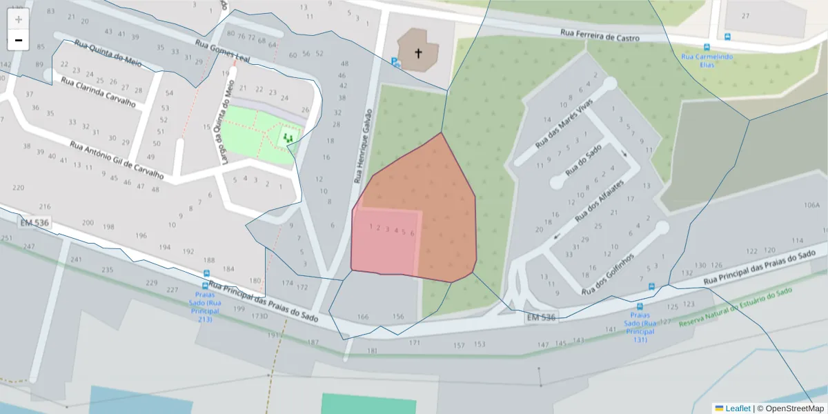 Mapa detalhado do código postal 2910-334 com limites, códigos postais vizinhos e agências dos correios