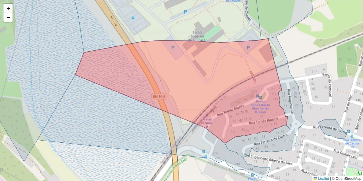 Mapa detalhado do código postal 2910-350 com limites, códigos postais vizinhos e agências dos correios