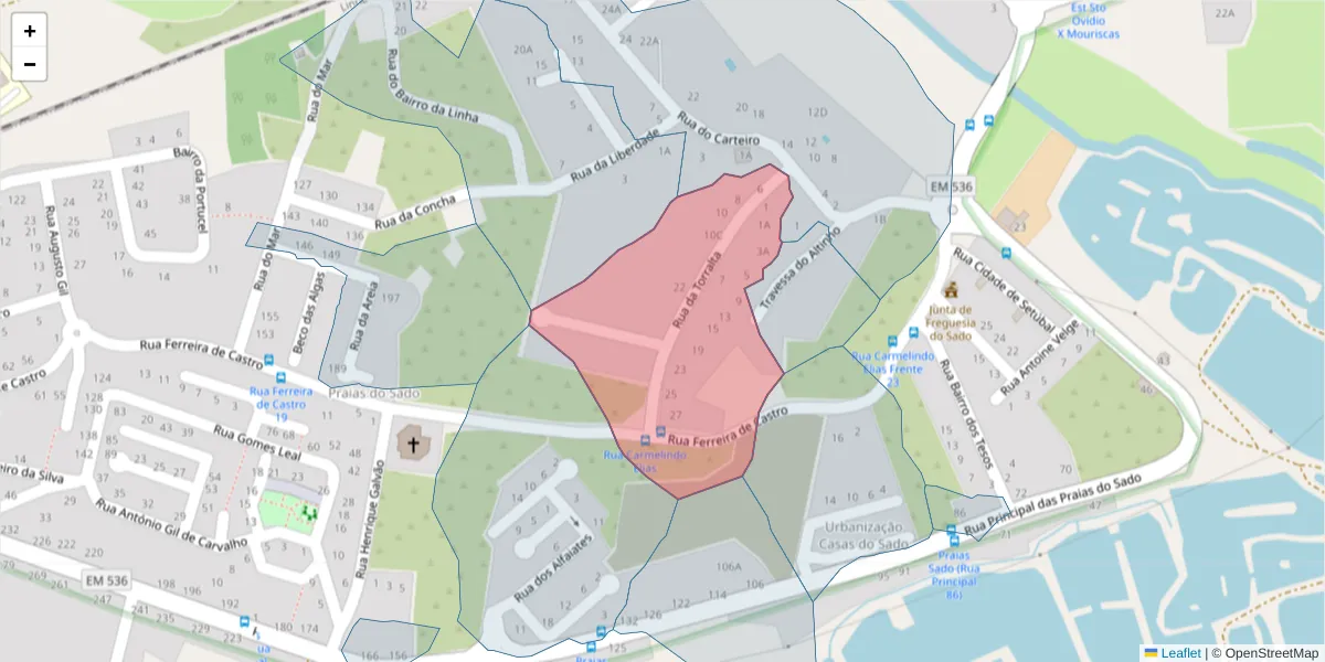 Mapa detalhado do código postal 2910-351 com limites, códigos postais vizinhos e agências dos correios