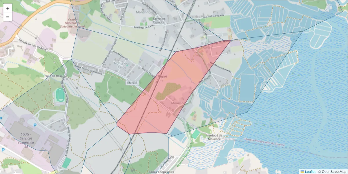 Mapa detalhado do código postal 2910-367 com limites, códigos postais vizinhos e agências dos correios