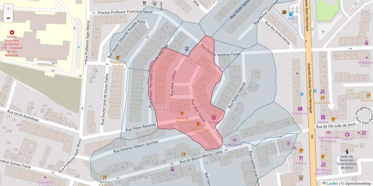 Mapa detalhado do código postal 2910-372 com limites, códigos postais vizinhos e agências dos correios