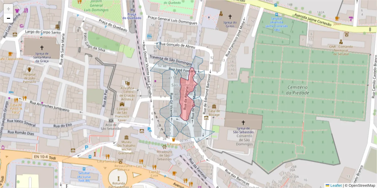 Mapa detalhado do código postal 2910-380 com limites, códigos postais vizinhos e agências dos correios