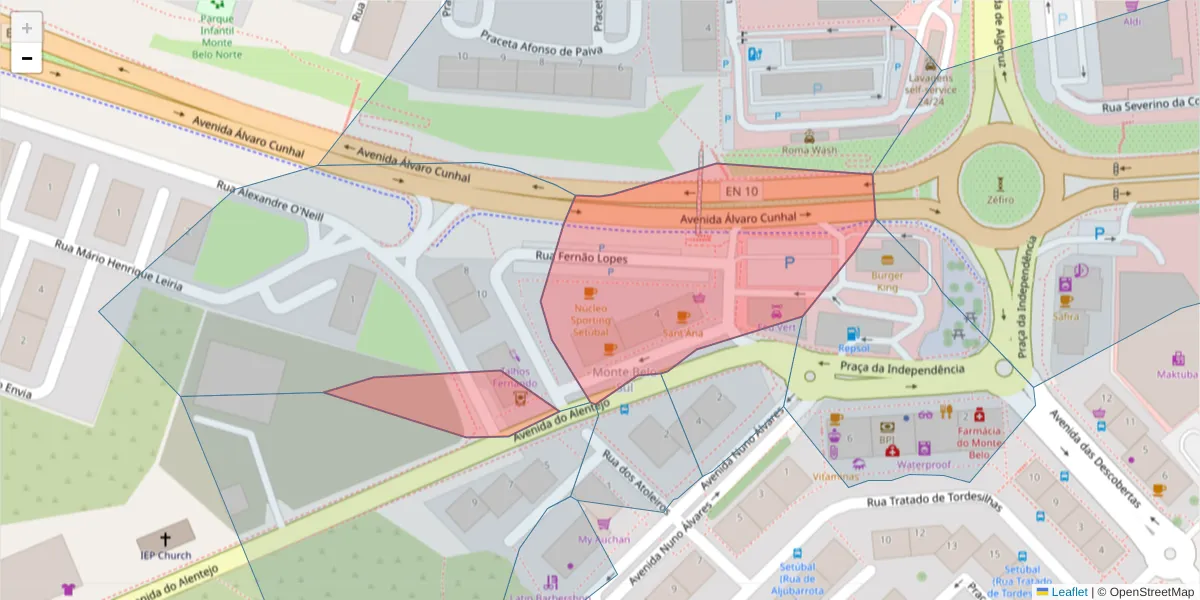 Mapa detalhado do código postal 2910-381 com limites, códigos postais vizinhos e agências dos correios