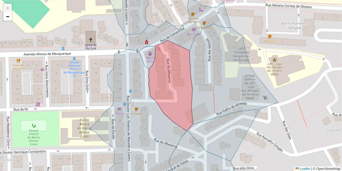 Mapa detalhado do código postal 2910-387 com limites, códigos postais vizinhos e agências dos correios