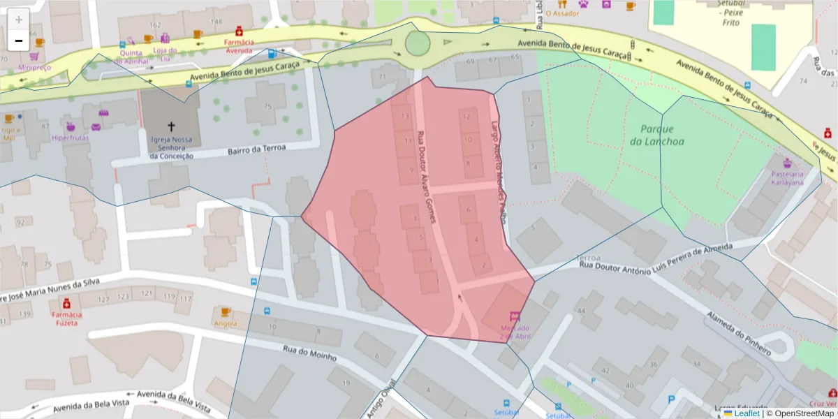 Mapa detalhado do código postal 2910-390 com limites, códigos postais vizinhos e agências dos correios