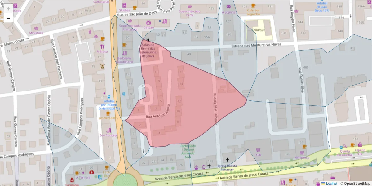 Mapa detalhado do código postal 2910-395 com limites, códigos postais vizinhos e agências dos correios