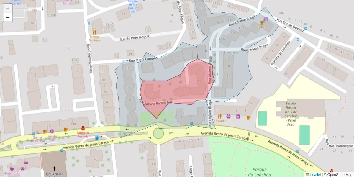 Mapa detalhado do código postal 2910-396 com limites, códigos postais vizinhos e agências dos correios