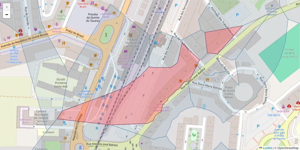 Mapa detalhado do código postal 2910-398 com limites, códigos postais vizinhos e agências dos correios