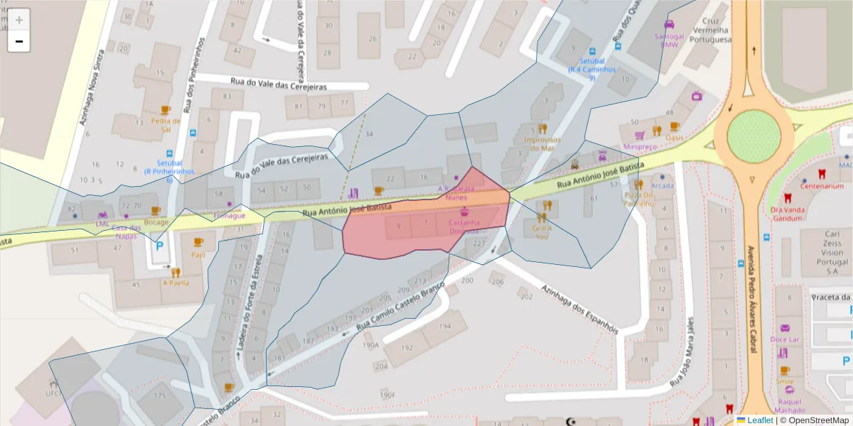 Mapa detalhado do código postal 2910-399 com limites, códigos postais vizinhos e agências dos correios