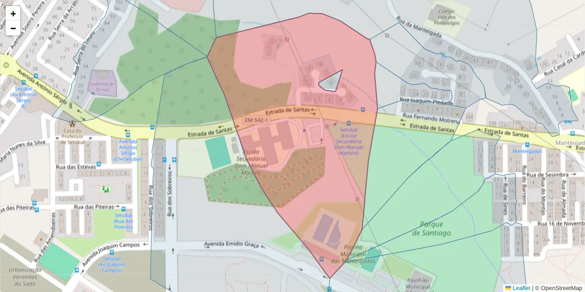 Mapa detalhado do código postal 2910-404 com limites, códigos postais vizinhos e agências dos correios