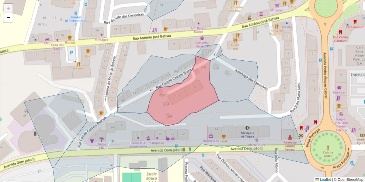 Mapa detalhado do código postal 2910-447 com limites, códigos postais vizinhos e agências dos correios