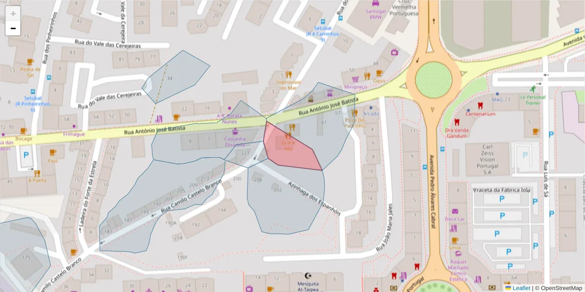 Mapa detalhado do código postal 2910-448 com limites, códigos postais vizinhos e agências dos correios