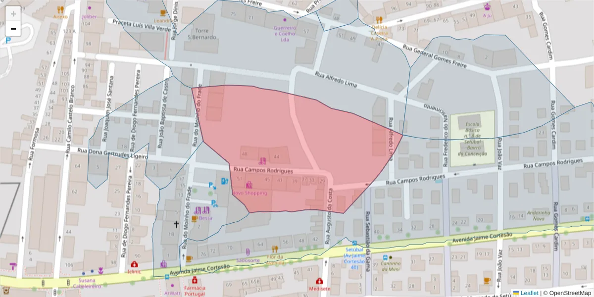 Mapa detalhado do código postal 2910-452 com limites, códigos postais vizinhos e agências dos correios