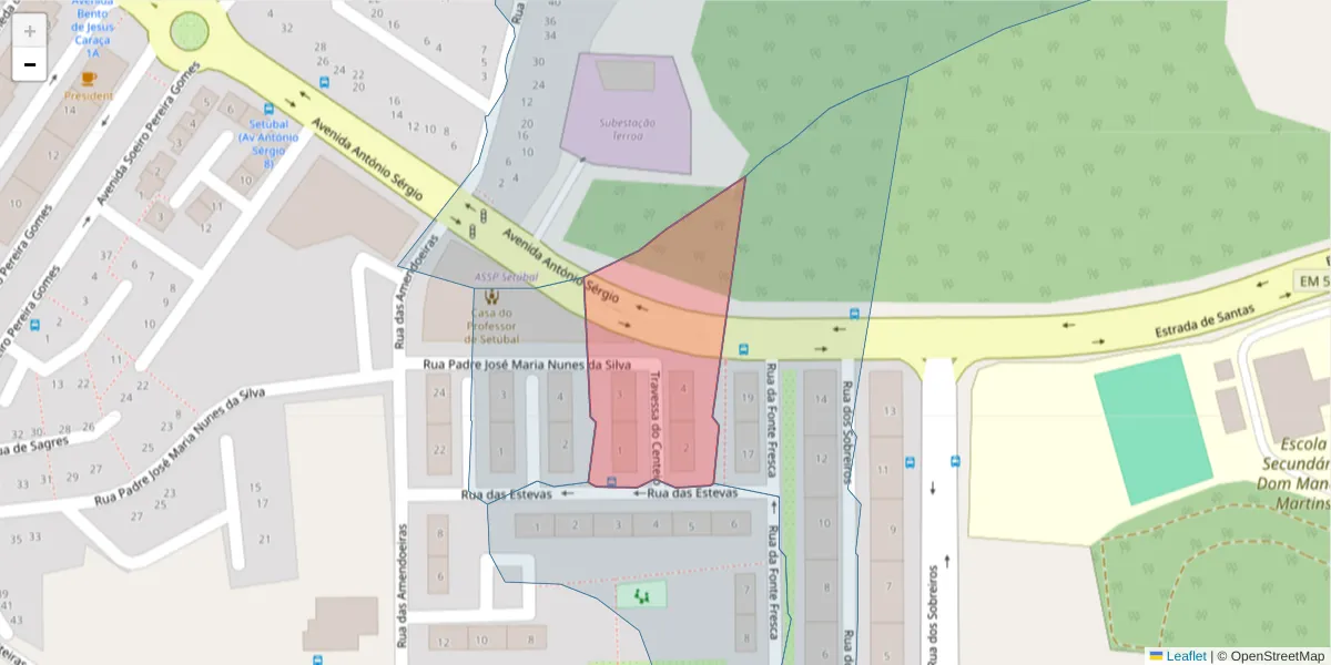 Mapa detalhado do código postal 2910-459 com limites, códigos postais vizinhos e agências dos correios