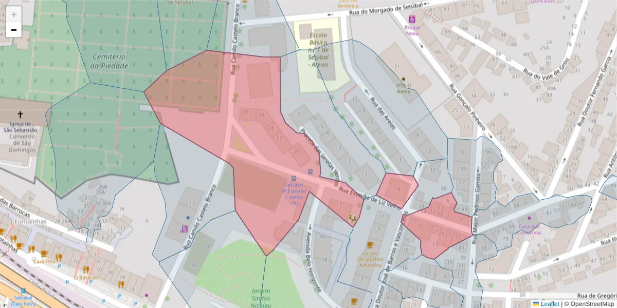 Mapa detalhado do código postal 2910-485 com limites, códigos postais vizinhos e agências dos correios