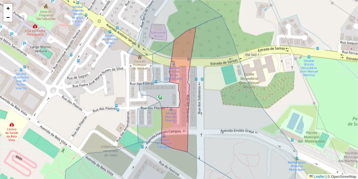 Mapa detalhado do código postal 2910-498 com limites, códigos postais vizinhos e agências dos correios