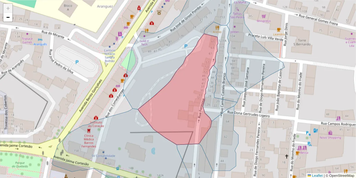 Mapa detalhado do código postal 2910-501 com limites, códigos postais vizinhos e agências dos correios