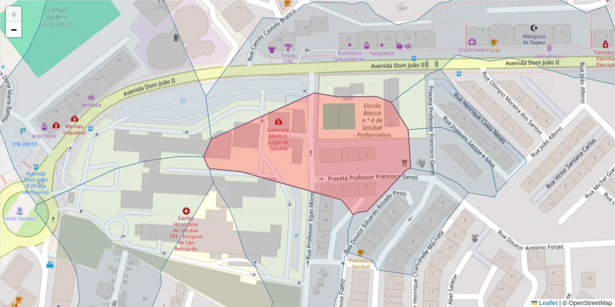 Mapa detalhado do código postal 2910-506 com limites, códigos postais vizinhos e agências dos correios