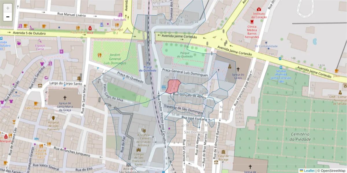Mapa detalhado do código postal 2910-509 com limites, códigos postais vizinhos e agências dos correios