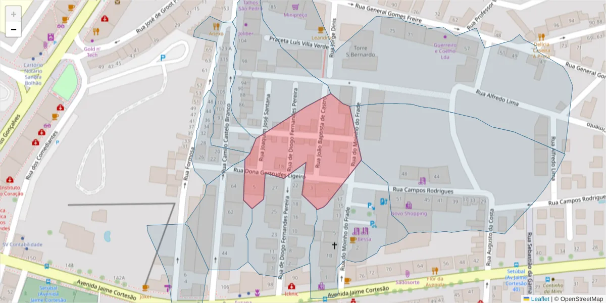 Mapa detalhado do código postal 2910-512 com limites, códigos postais vizinhos e agências dos correios