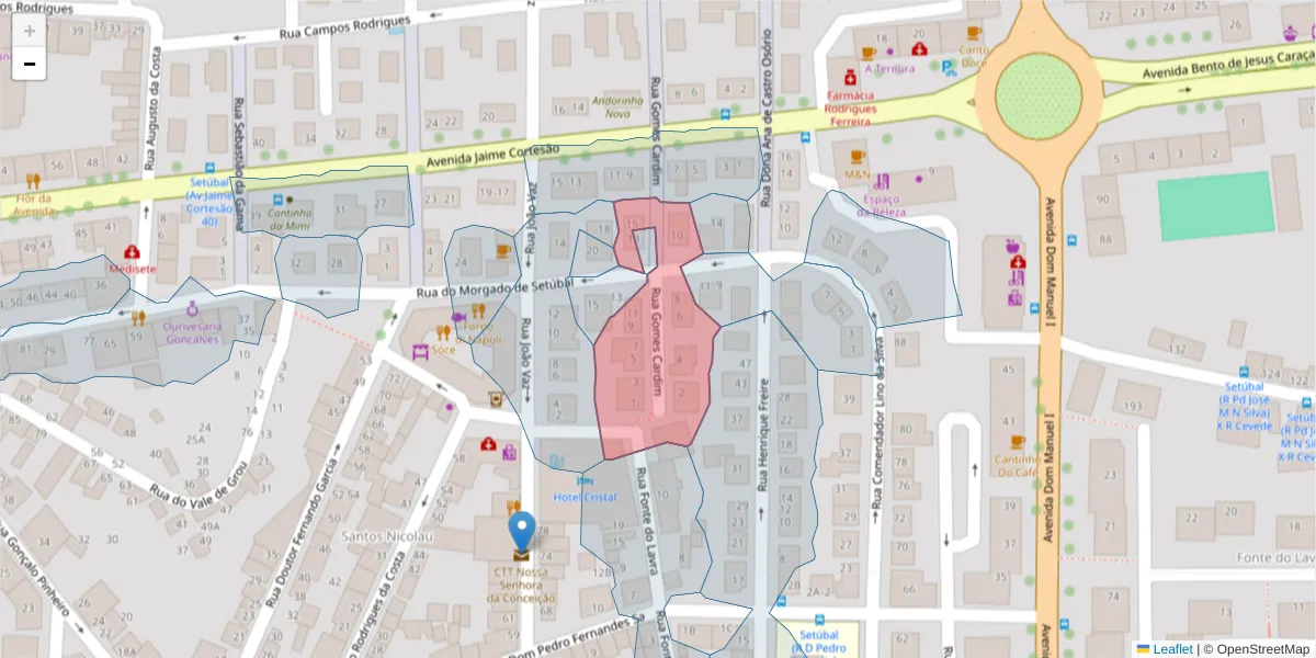 Mapa detalhado do código postal 2910-515 com limites, códigos postais vizinhos e agências dos correios