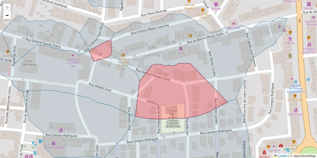 Mapa detalhado do código postal 2910-516 com limites, códigos postais vizinhos e agências dos correios