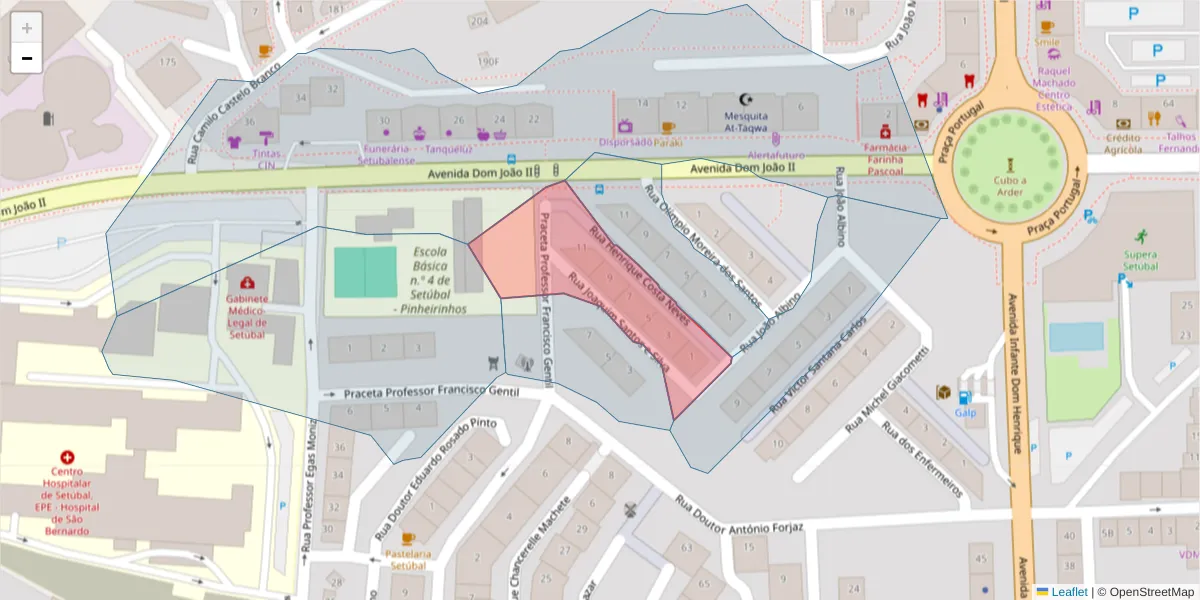 Mapa detalhado do código postal 2910-533 com limites, códigos postais vizinhos e agências dos correios
