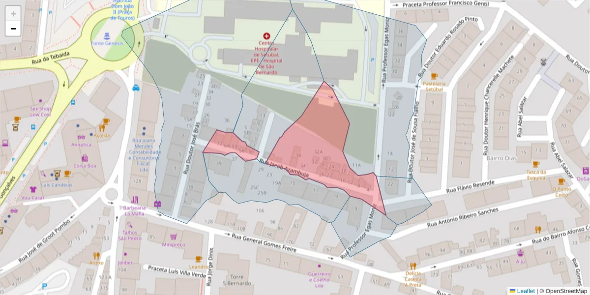 Mapa detalhado do código postal 2910-535 com limites, códigos postais vizinhos e agências dos correios