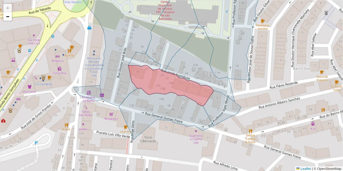 Mapa detalhado do código postal 2910-536 com limites, códigos postais vizinhos e agências dos correios