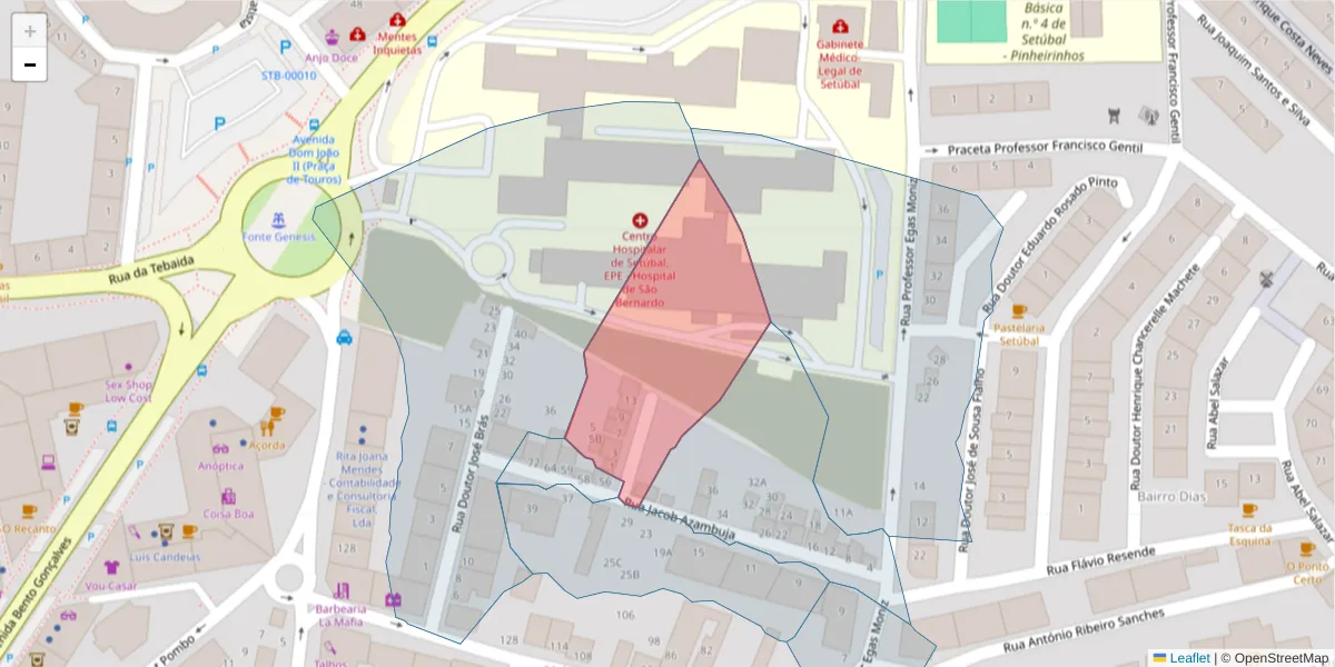 Mapa detalhado do código postal 2910-537 com limites, códigos postais vizinhos e agências dos correios