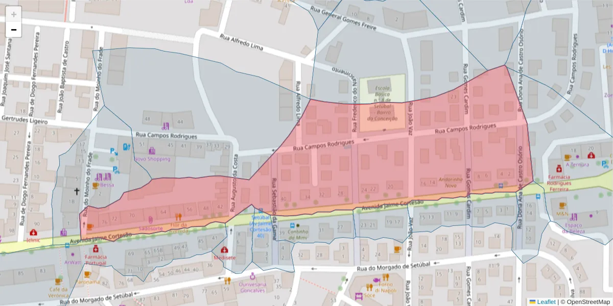 Mapa detalhado do código postal 2910-538 com limites, códigos postais vizinhos e agências dos correios