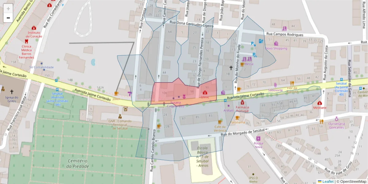 Mapa detalhado do código postal 2910-539 com limites, códigos postais vizinhos e agências dos correios
