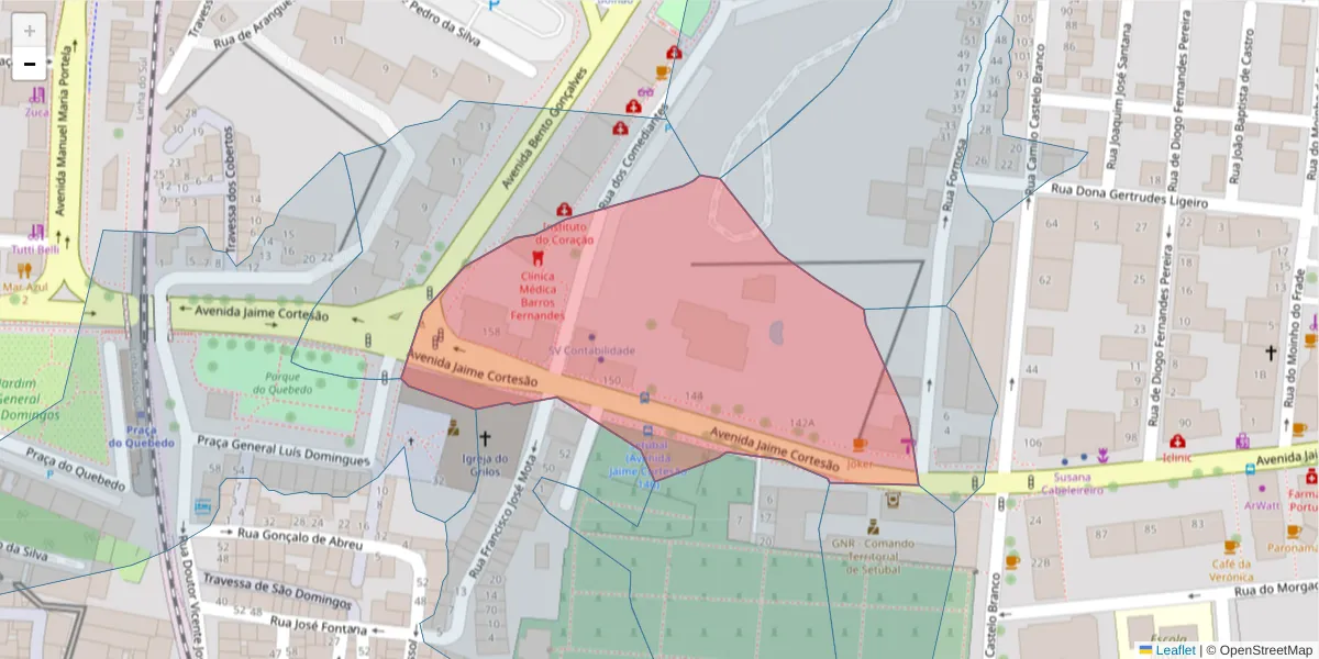 Mapa detalhado do código postal 2910-540 com limites, códigos postais vizinhos e agências dos correios